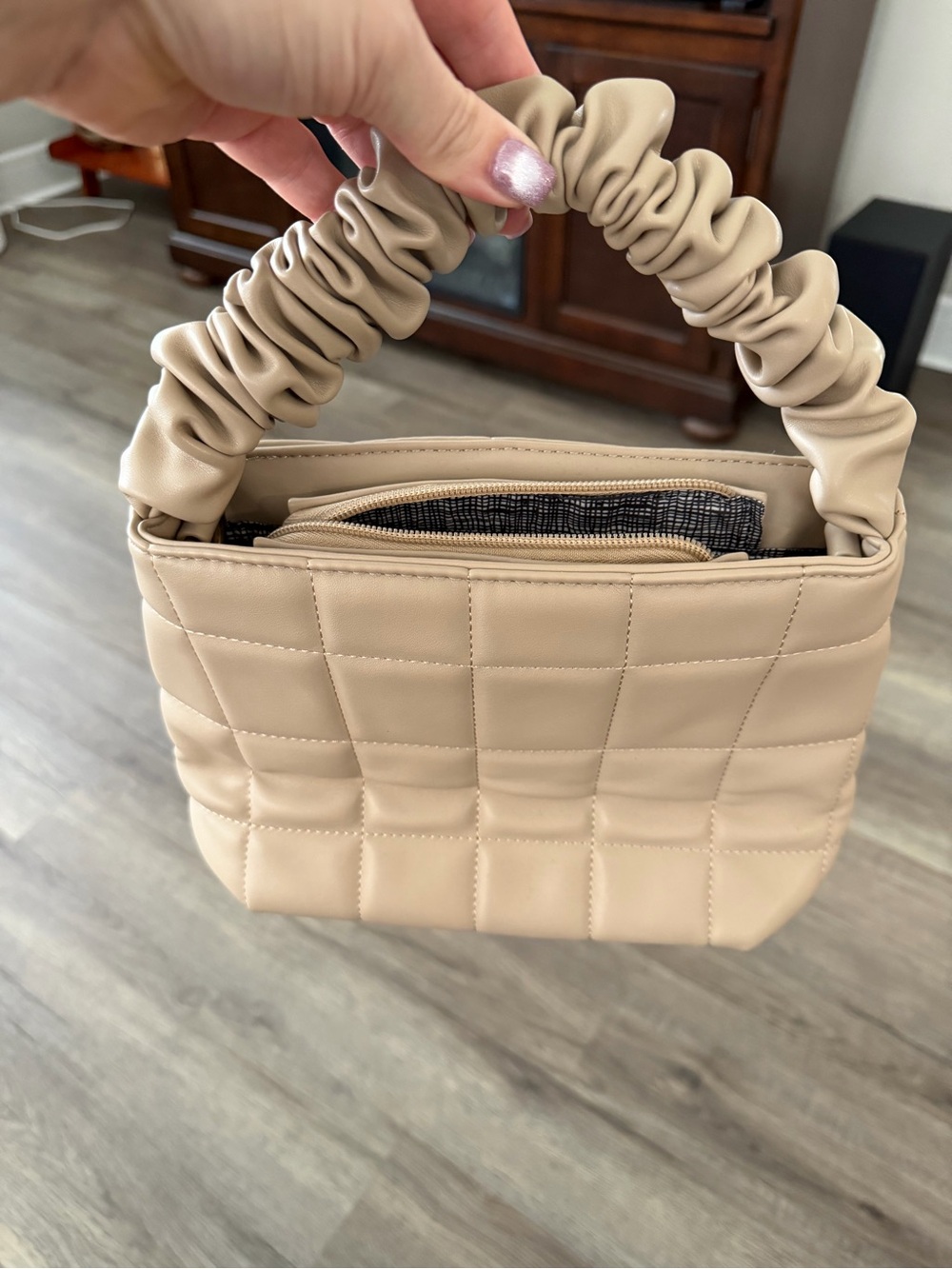 Urban Expressions Quilted Mini Bag with Ruched Handle - Beige